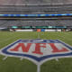 Nov 24, 2019; East Rutherford, NJ, USA; General overall view of the NFL shield logo at midfield at MetLife Stadium. The Jets defeated the Raiders 34-3.